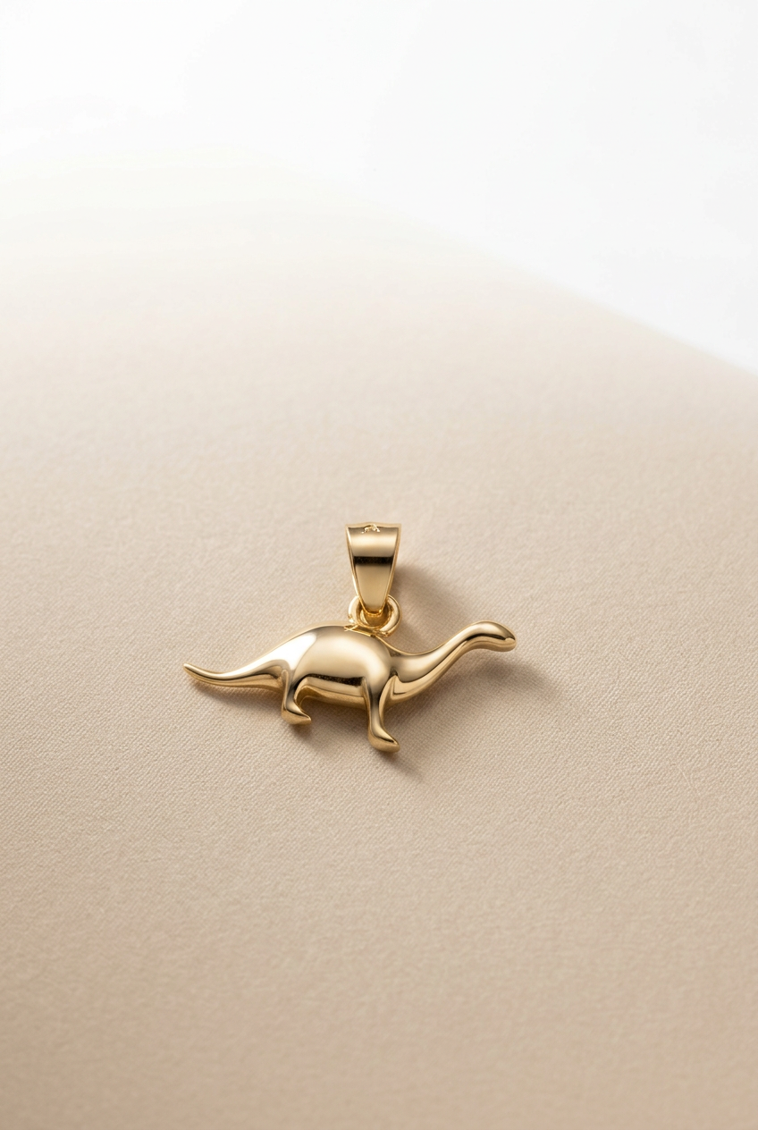 Charm de dinosaurio dorado centrado sobre fondo beige